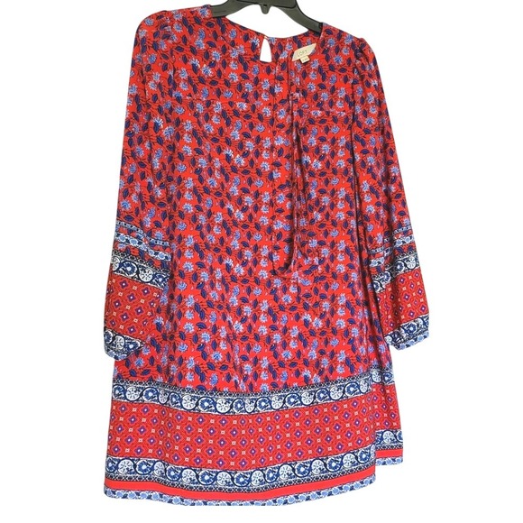 LOFT Dresses & Skirts - Loft Women Orange Blue Floral Boho Long Puff Sleeve Tie Waist Dress Small Petite